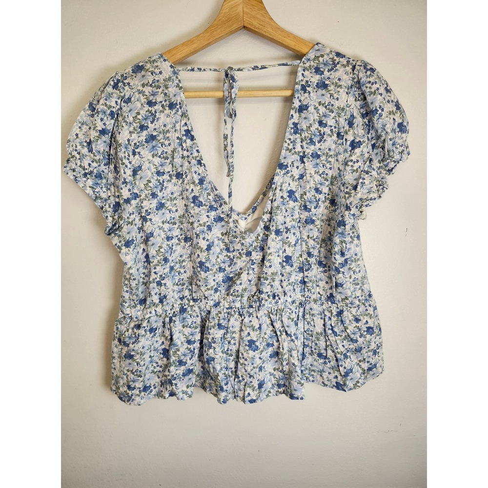 Hollister Blue Floral Babydoll Top Women's Large Cottagecore Puff Sleeve Peplum - Picture 4 of 12
